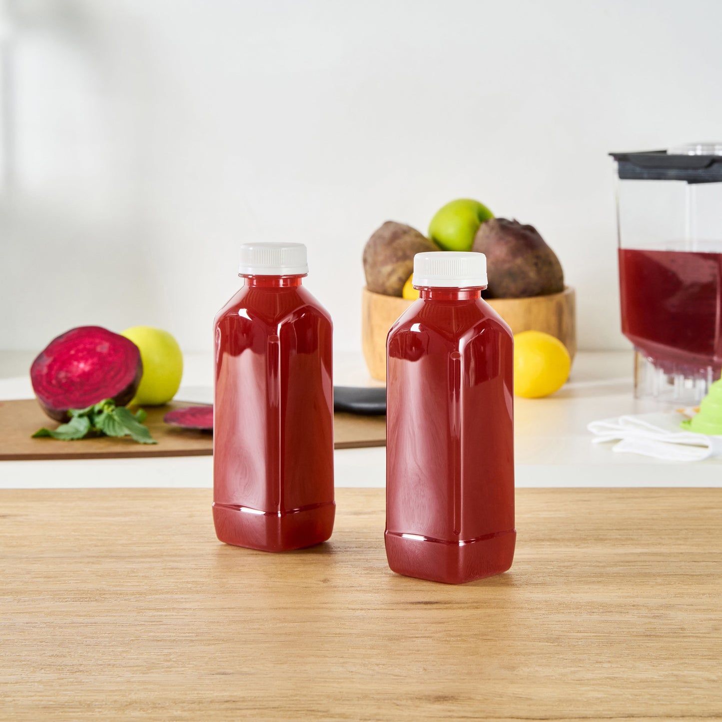 Bottle Tek 16 oz Square Clear Plastic Cold Pressed Juice Bottle - with Safety Cap - 2 1/4" x 2 1/4" x 7" - 100 count box