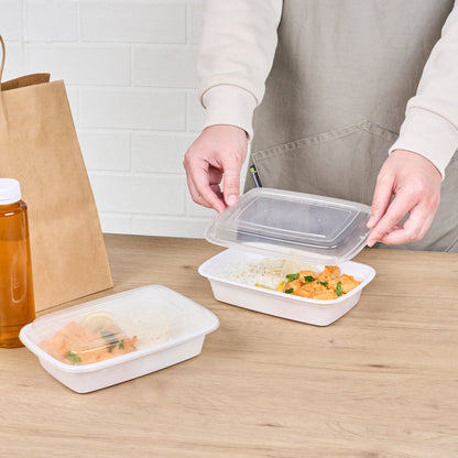 Asporto 24 oz Rectangle White Plastic To Go Box - with Clear Lid, Microwavable - 8" x 5 1/4" x 1 3/4" - 100 count box