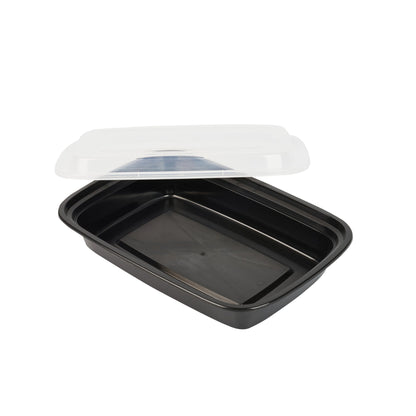 Asporto 28 oz Rectangle Black Plastic To Go Box - with Clear Lid, Microwavable - 8 3/4" x 6" x 1 1/2" - 100 count box