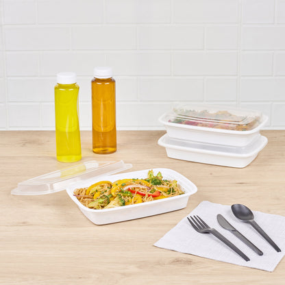 Asporto 28 oz Rectangle White Plastic To Go Box - with Clear Lid, Microwavable - 8 3/4" x 6" x 1 1/2" - 100 count box