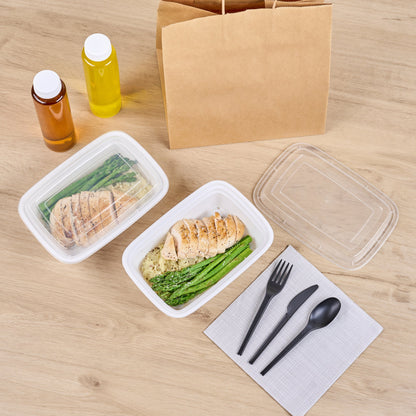Asporto 38 oz Rectangle White Plastic To Go Box - with Clear Lid, Microwavable - 8 3/4" x 6" x 2" - 100 count box