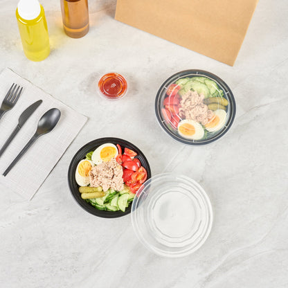 Asporto 16 oz Round Black Plastic To Go Box - with Clear Lid, Microwavable - 6 1/4" x 6 1/4" x 1 3/4" - 100 count box