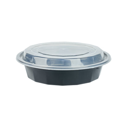 Asporto 24 oz Round Black Plastic To Go Box - with Clear Lid, Microwavable - 7 1/4" x 7 1/4" x 1 1/2" - 100 count box
