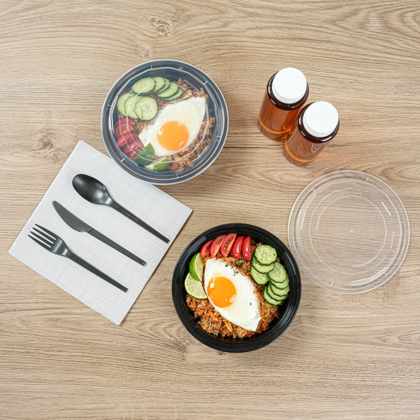 Asporto 24 oz Round Black Plastic To Go Box - with Clear Lid, Microwavable - 7 1/4" x 7 1/4" x 1 1/2" - 100 count box