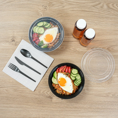 Asporto 24 oz Round Black Plastic To Go Box - with Clear Lid, Microwavable - 7 1/4" x 7 1/4" x 1 1/2" - 100 count box