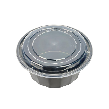 Asporto 32 oz Round Black Plastic To Go Box - with Clear Lid, Microwavable - 7 1/4" x 7 1/4" x 3" - 100 count box