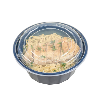 Asporto 32 oz Round Black Plastic To Go Box - with Clear Lid, Microwavable - 7 1/4" x 7 1/4" x 3" - 100 count box