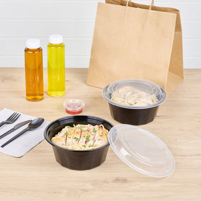Asporto 32 oz Round Black Plastic To Go Box - with Clear Lid, Microwavable - 7 1/4" x 7 1/4" x 3" - 100 count box