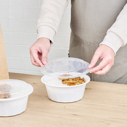 Asporto 32 oz Round White Plastic To Go Box - with Clear Lid, Microwavable - 7 1/4" x 7 1/4" x 3" - 100 count box