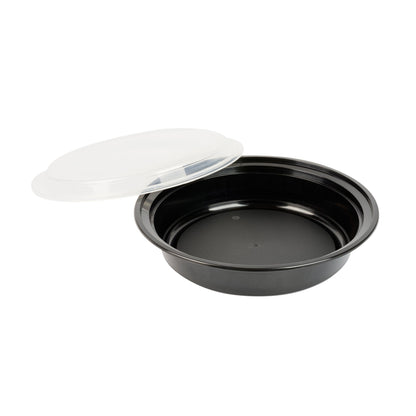 Asporto 48 oz Round Black Plastic To Go Box - with Clear Lid, Microwavable - 9" x 9" x 1 3/4" - 100 count box