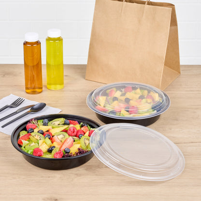 Asporto 48 oz Round Black Plastic To Go Box - with Clear Lid, Microwavable - 9" x 9" x 1 3/4" - 100 count box