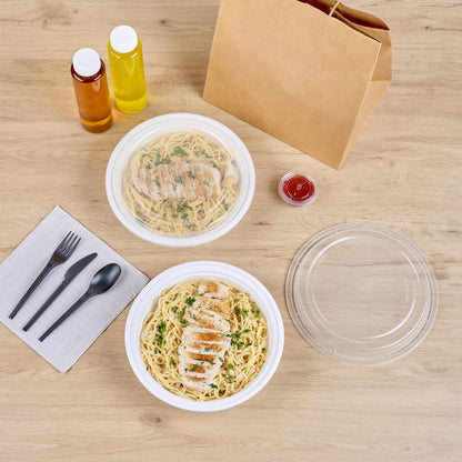 Asporto 48 oz Round White Plastic To Go Box - with Clear Lid, Microwavable - 9" x 9" x 1 3/4" - 100 count box
