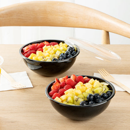 Maxi Serve 18 oz Round Black Plastic Salad Bowl - 6" x 6" x 2 1/2" - 200 count box