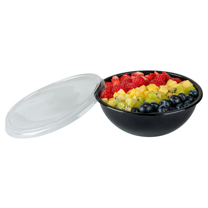 Maxi Serve 18 oz Round Black Plastic Salad Bowl - 6" x 6" x 2 1/2" - 200 count box