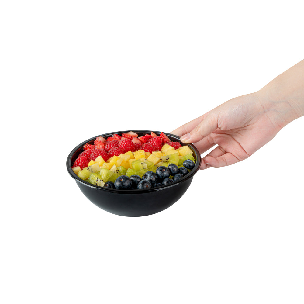 Maxi Serve 18 oz Round Black Plastic Salad Bowl - 6" x 6" x 2 1/2" - 200 count box
