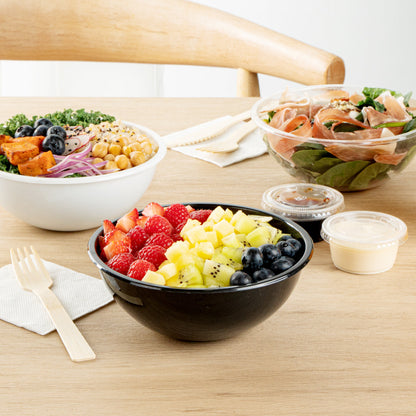 Maxi Serve 18 oz Round Black Plastic Salad Bowl - 6" x 6" x 2 1/2" - 200 count box