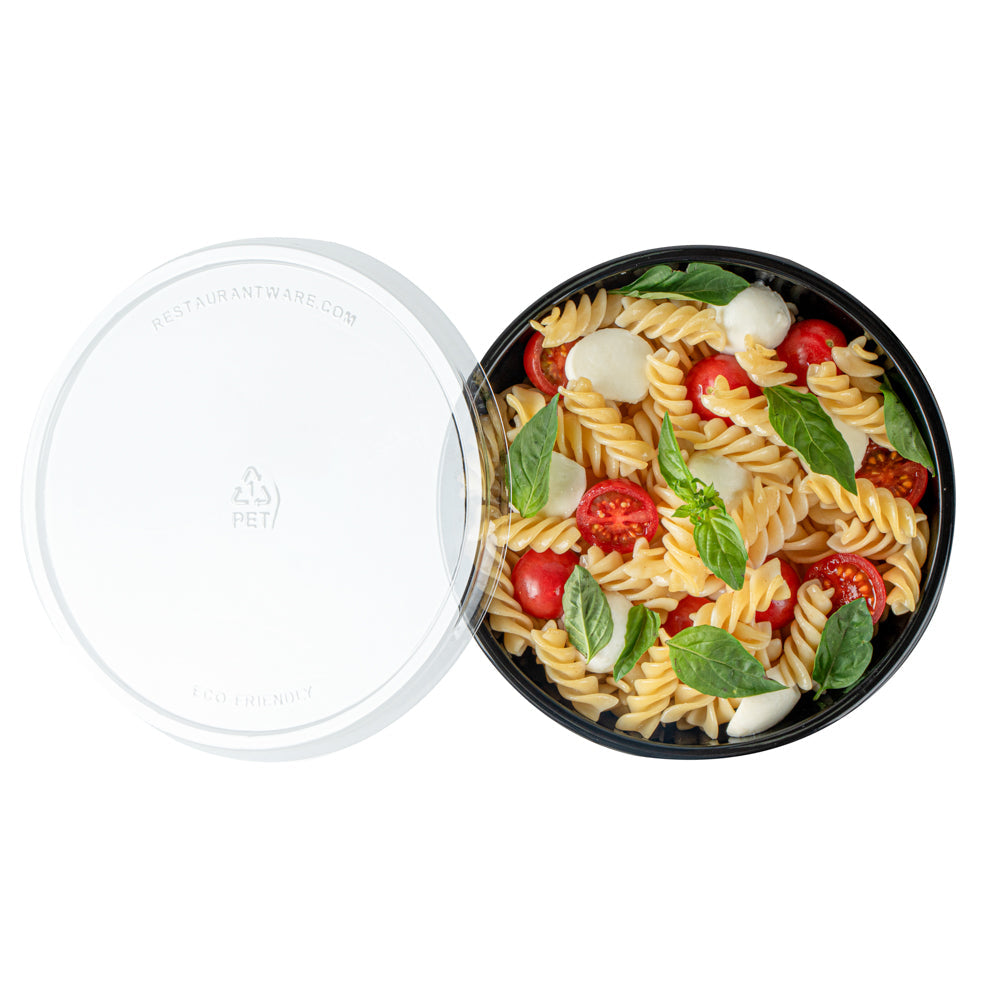 Maxi Serve 21 oz Round Black Plastic Salad Bowl - 6 3/4" x 6 3/4" x 2 1/2" - 200 count box