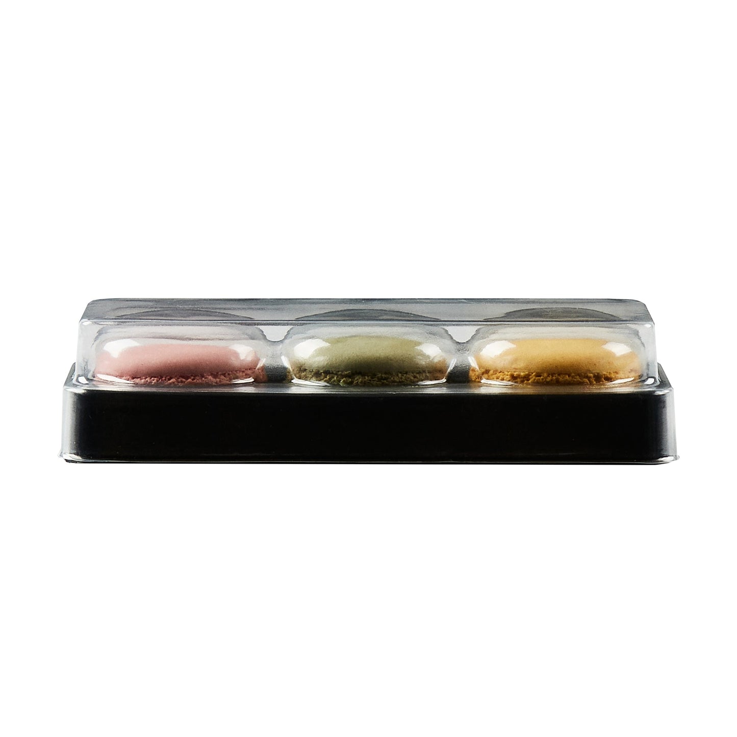 Shock Safe Rectangle Black Plastic Macaron Take Out Box - Fits 3 Macarons - 5 3/4" x 2 1/4" x 1 1/2" - 100 count box