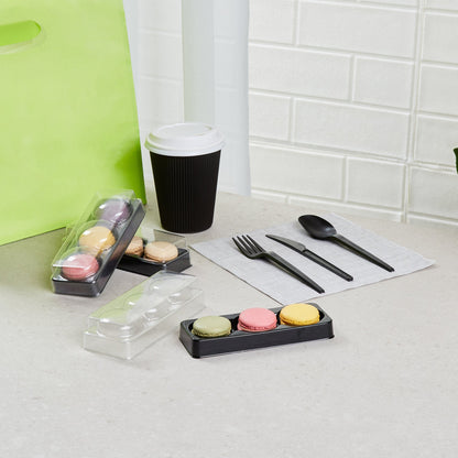 Shock Safe Rectangle Black Plastic Macaron Take Out Box - Fits 3 Macarons - 5 3/4" x 2 1/4" x 1 1/2" - 100 count box
