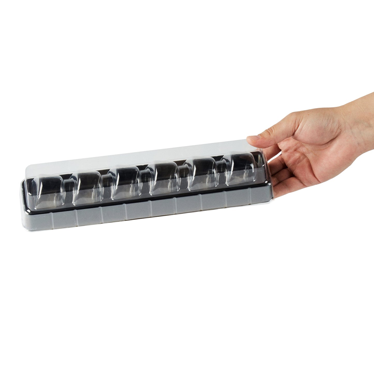 Shock Safe Rectangle Black Plastic Macaron Take Out Box - Fits 6 Macarons - 11" x 2 1/2" x 2" - 100 count box