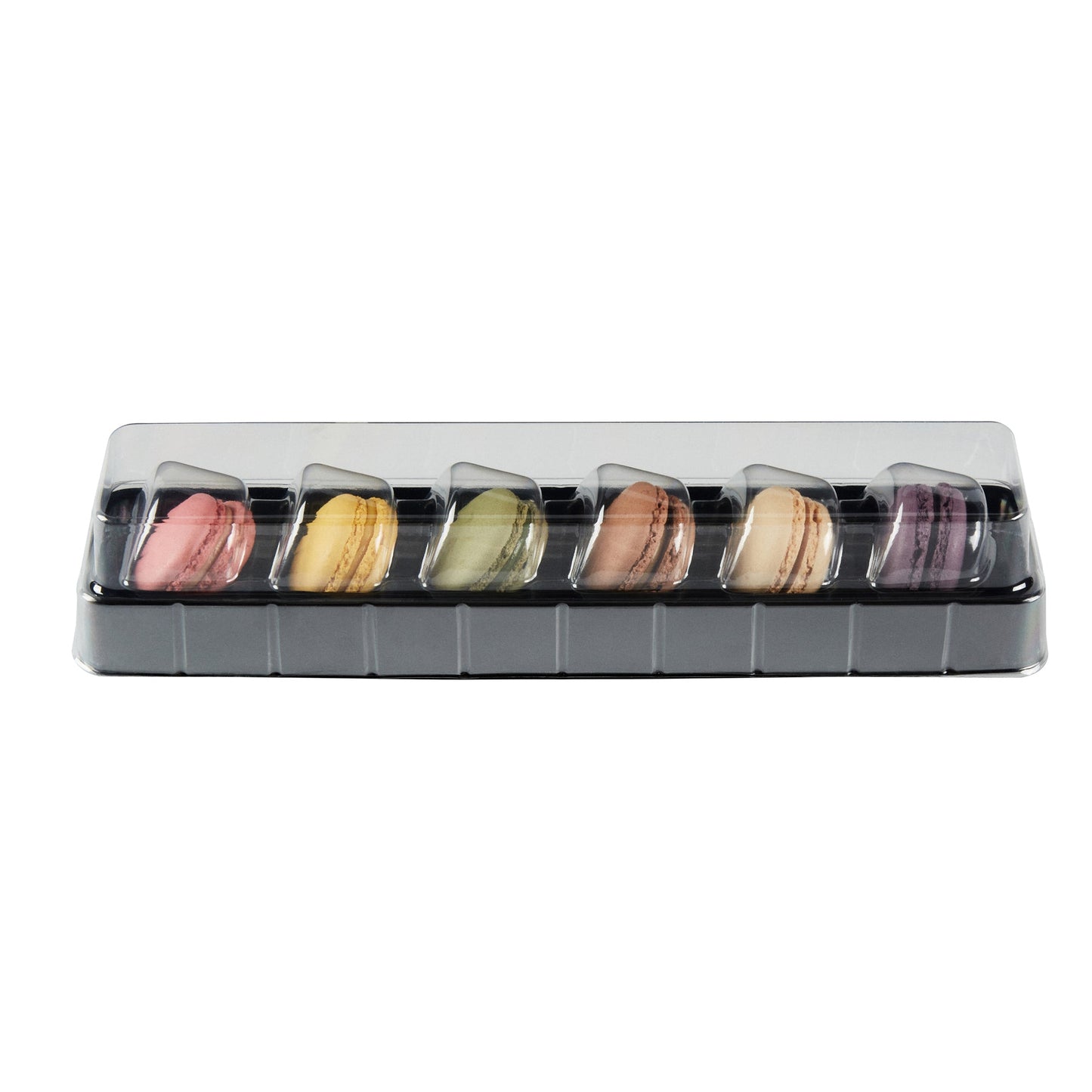 Shock Safe Rectangle Black Plastic Macaron Take Out Box - Fits 6 Macarons - 11" x 2 1/2" x 2" - 100 count box