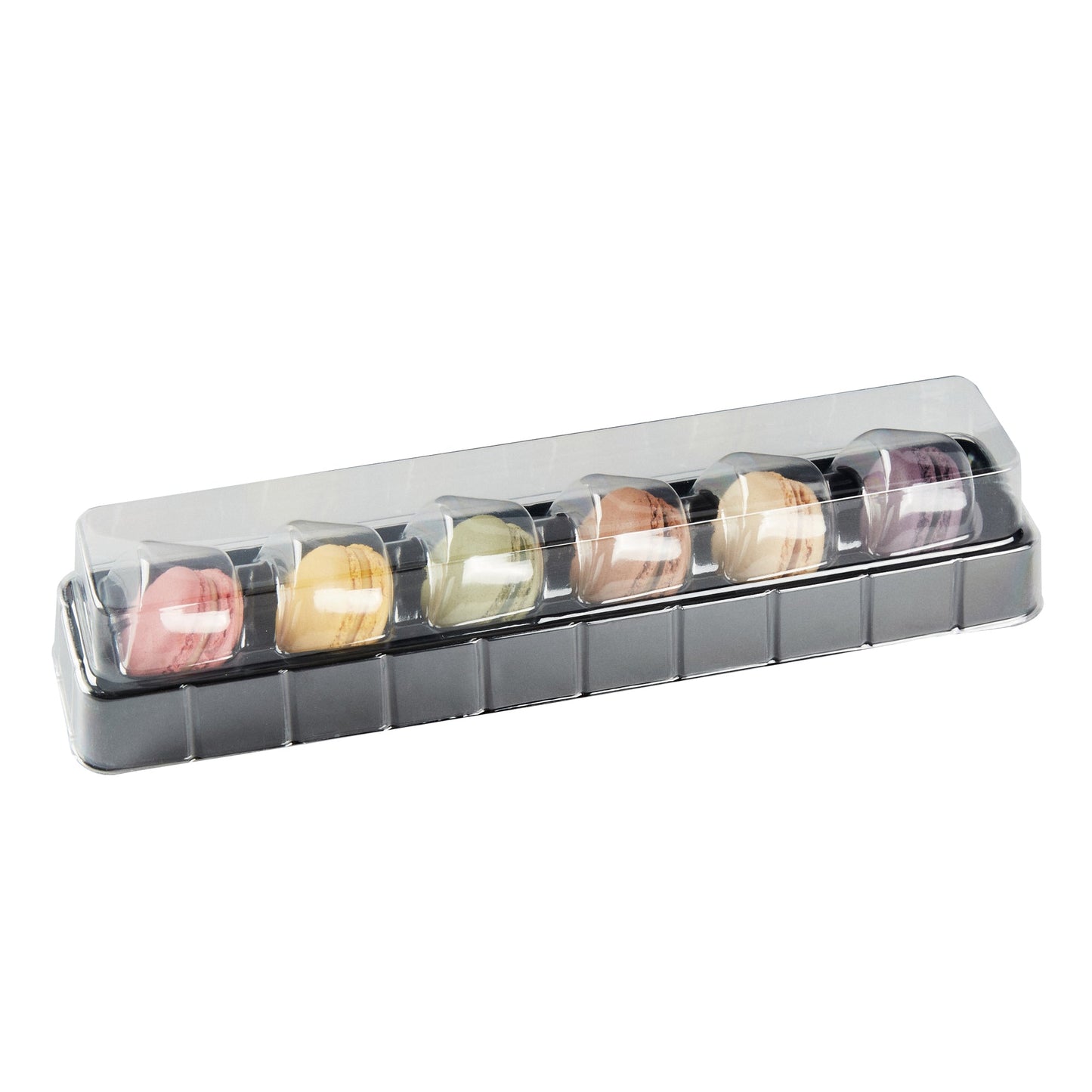 Shock Safe Rectangle Black Plastic Macaron Take Out Box - Fits 6 Macarons - 11" x 2 1/2" x 2" - 100 count box