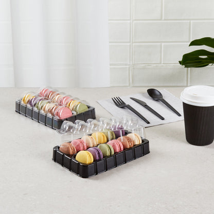 Shock Safe Rectangle Black Plastic Macaron Take Out Box - Fits 12 Macarons - 11" x 4 1/2" x 2" - 100 count box