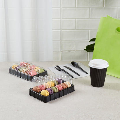 Shock Safe Rectangle Black Plastic Macaron Take Out Box - Fits 12 Macarons - 11" x 4 1/2" x 2" - 100 count box