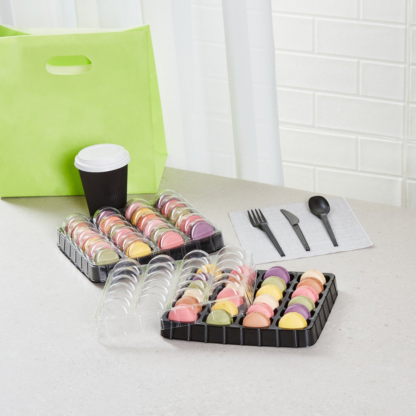 Shock Safe Rectangle Black Plastic Macaron Take Out Box - Fits 24 Macarons - 11" x 9" x 2" - 100 count box