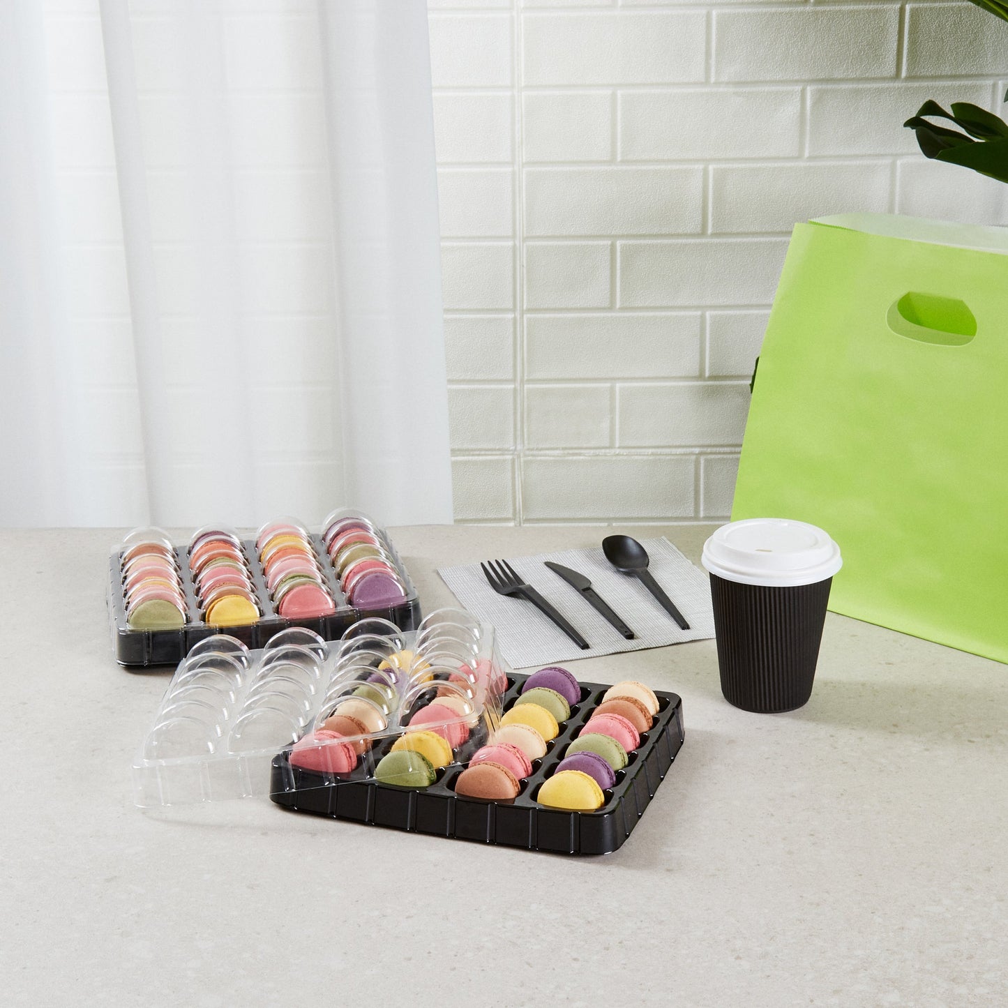Shock Safe Rectangle Black Plastic Macaron Take Out Box - Fits 24 Macarons - 11" x 9" x 2" - 100 count box