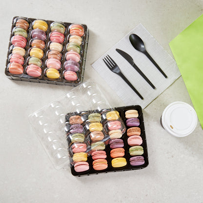 Shock Safe Rectangle Black Plastic Macaron Take Out Box - Fits 24 Macarons - 11" x 9" x 2" - 100 count box