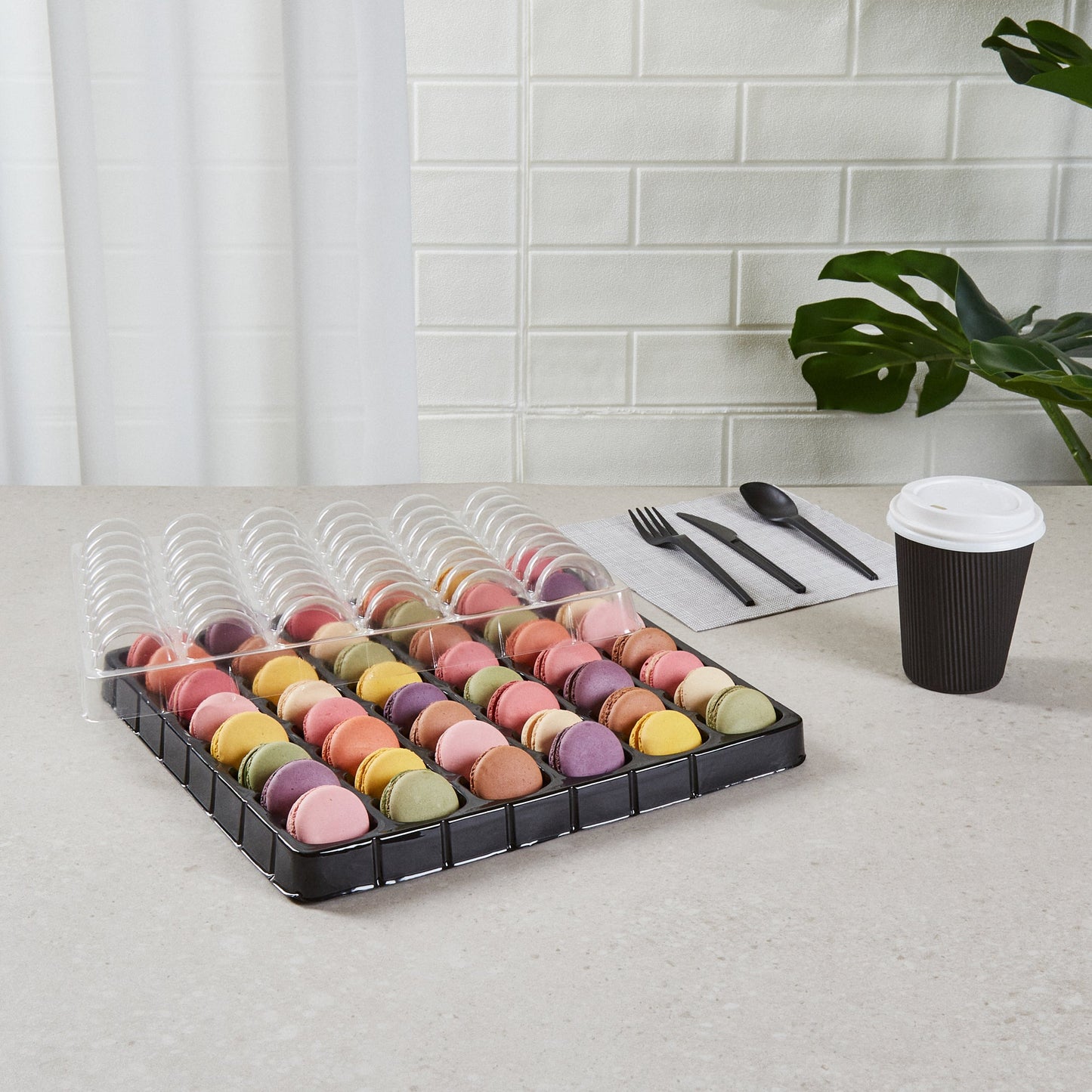 Shock Safe Rectangle Black Plastic Macaron Take Out Box - Fits 48 Macarons - 13 1/4" x 13 1/4" x 2" - 100 count box