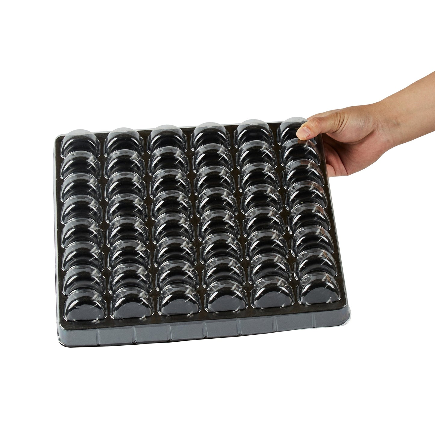Shock Safe Rectangle Black Plastic Macaron Take Out Box - Fits 48 Macarons - 13 1/4" x 13 1/4" x 2" - 100 count box