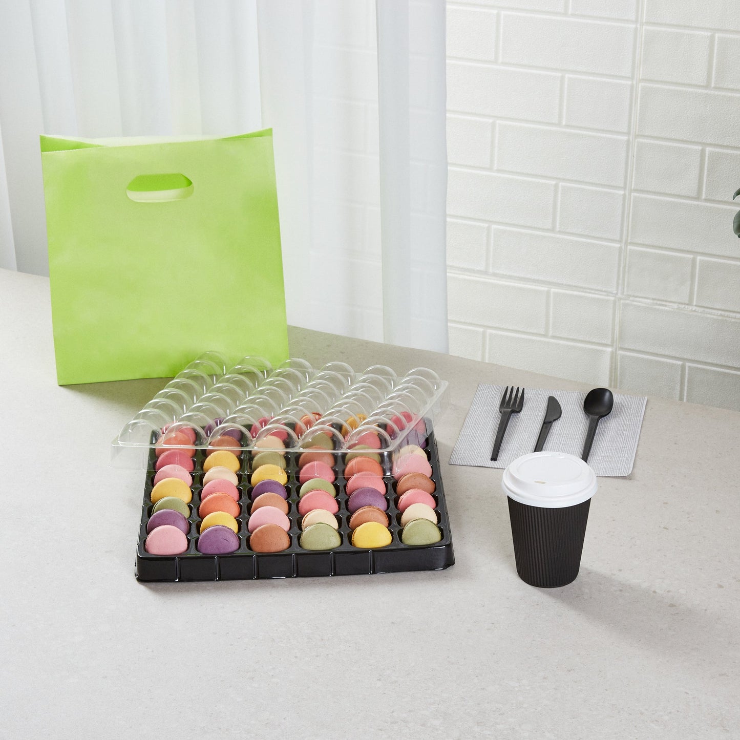 Shock Safe Rectangle Black Plastic Macaron Take Out Box - Fits 48 Macarons - 13 1/4" x 13 1/4" x 2" - 100 count box