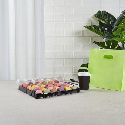 Shock Safe Rectangle Black Plastic Macaron Take Out Box - Fits 48 Macarons - 13 1/4" x 13 1/4" x 2" - 100 count box
