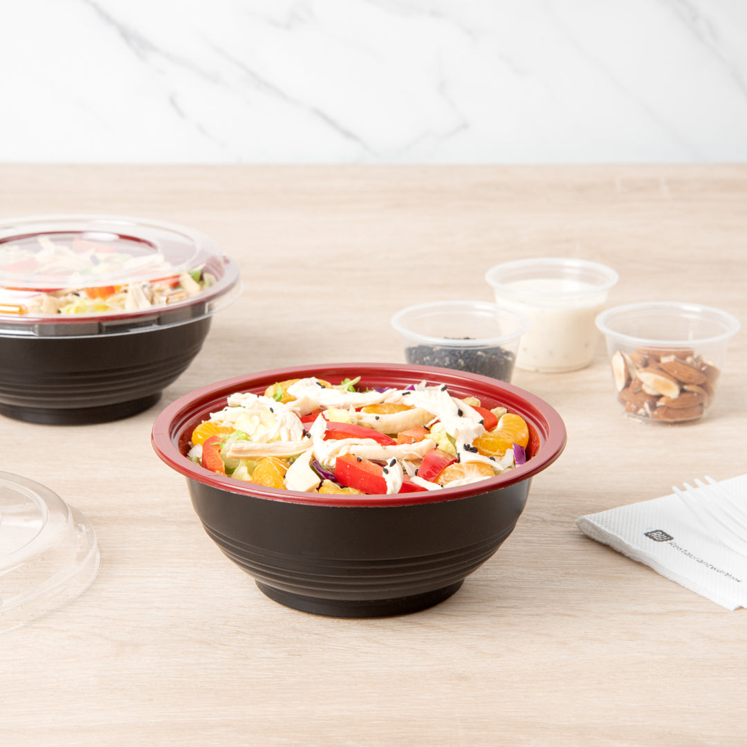 Bento Tek 18 oz Round Black and Red Plastic Small Asian Panda Bowl - with Clear Lid, Microwavable - 6" x 6" x 2 1/2" - 200 count box