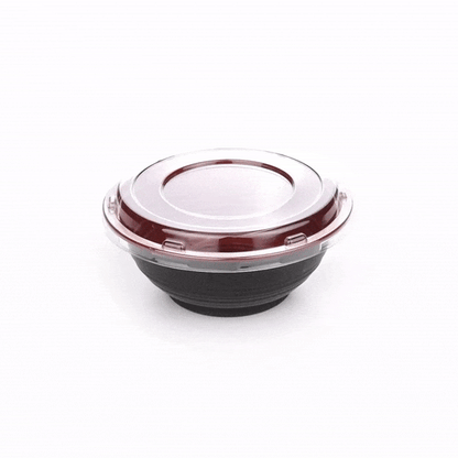 Bento Tek 18 oz Round Black and Red Plastic Small Asian Panda Bowl - with Clear Lid, Microwavable - 6" x 6" x 2 1/2" - 200 count box