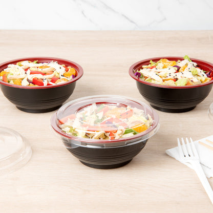 Bento Tek 18 oz Round Black and Red Plastic Small Asian Panda Bowl - with Clear Lid, Microwavable - 6" x 6" x 2 1/2" - 200 count box