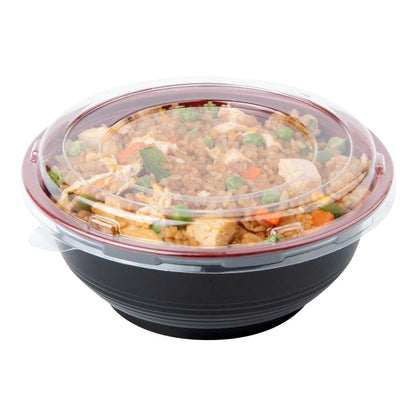 Bento Tek 24 oz Round Black and Red Plastic Medium Asian Panda Bowl - Clear Lid, Microwavable - 6 1/2" x 6 1/2" x 2 1/2" - 200 count box