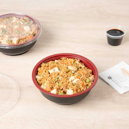 Bento Tek 24 oz Round Black and Red Plastic Medium Asian Panda Bowl - Clear Lid, Microwavable - 6 1/2" x 6 1/2" x 2 1/2" - 200 count box
