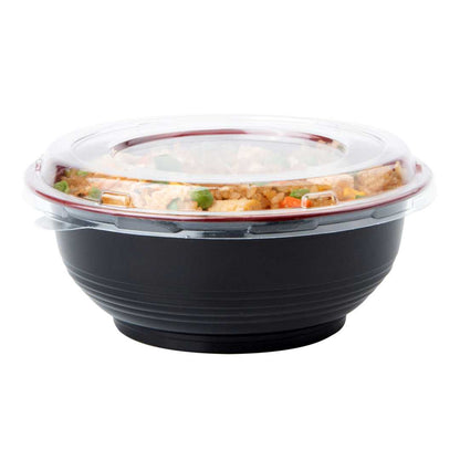 Bento Tek 24 oz Round Black and Red Plastic Medium Asian Panda Bowl - Clear Lid, Microwavable - 6 1/2" x 6 1/2" x 2 1/2" - 200 count box