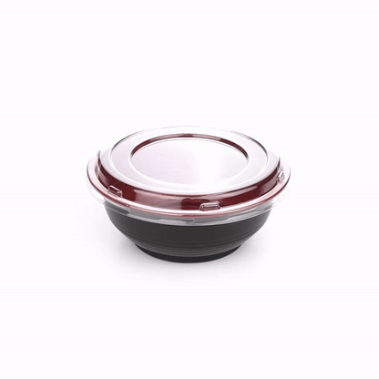 Bento Tek 24 oz Round Black and Red Plastic Medium Asian Panda Bowl - Clear Lid, Microwavable - 6 1/2" x 6 1/2" x 2 1/2" - 200 count box
