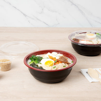 Bento Tek 34 oz Round Black and Red Plastic Large Asian Panda Bowl - with Clear Lid, Microwavable - 7 1/4" x 7 1/4" x 2 3/4" - 200 count box