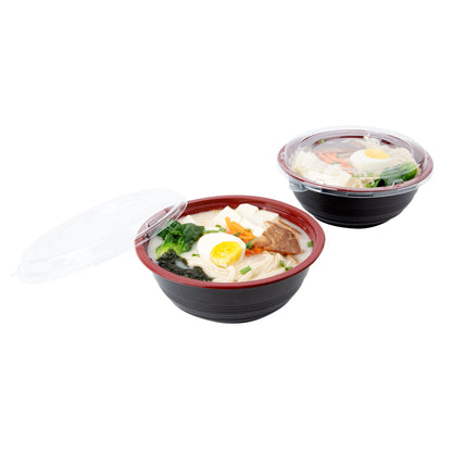 Bento Tek 34 oz Round Black and Red Plastic Large Asian Panda Bowl - with Clear Lid, Microwavable - 7 1/4" x 7 1/4" x 2 3/4" - 200 count box