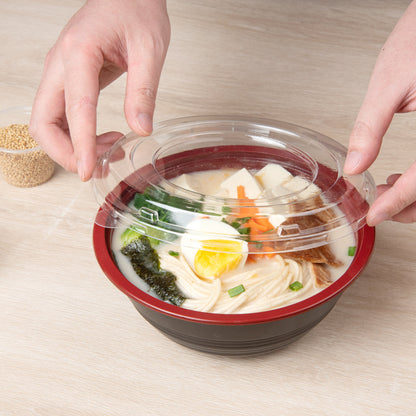 Bento Tek 34 oz Round Black and Red Plastic Large Asian Panda Bowl - with Clear Lid, Microwavable - 7 1/4" x 7 1/4" x 2 3/4" - 200 count box