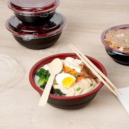 Bento Tek 34 oz Round Black and Red Plastic Large Asian Panda Bowl - with Clear Lid, Microwavable - 7 1/4" x 7 1/4" x 2 3/4" - 200 count box