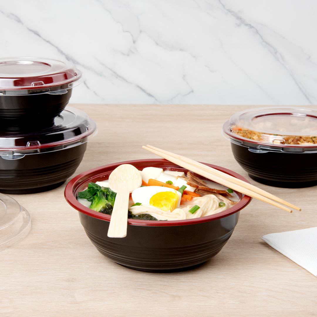 Bento Tek 34 oz Round Black and Red Plastic Large Asian Panda Bowl - with Clear Lid, Microwavable - 7 1/4" x 7 1/4" x 2 3/4" - 200 count box