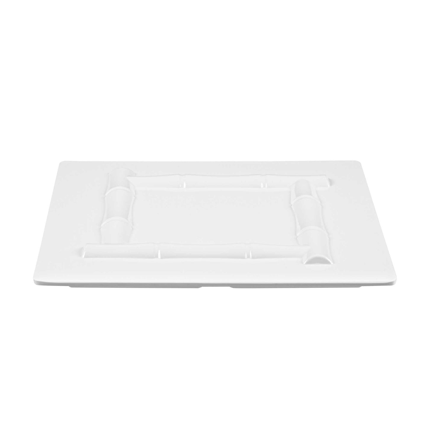 Voga Square White Melamine Plate - Bamboo Trim - 12" x 12" x 1" - 10 count box