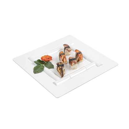 Voga Square White Melamine Plate - Bamboo Trim - 12" x 12" x 1" - 10 count box