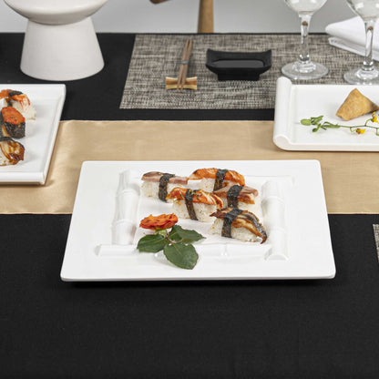 Voga Square White Melamine Plate - Bamboo Trim - 12" x 12" x 1" - 10 count box